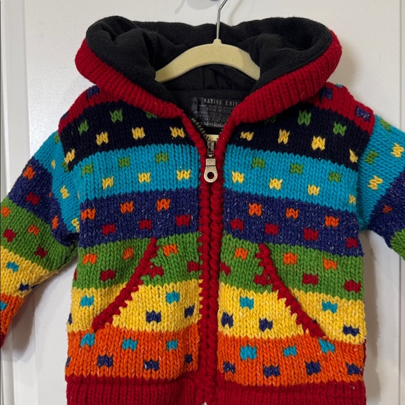 NATIVE KNIT 100% WOOL RAINBOW HOODED FLEECE CARDIGAN 2T-3T - Picture 2 of 8